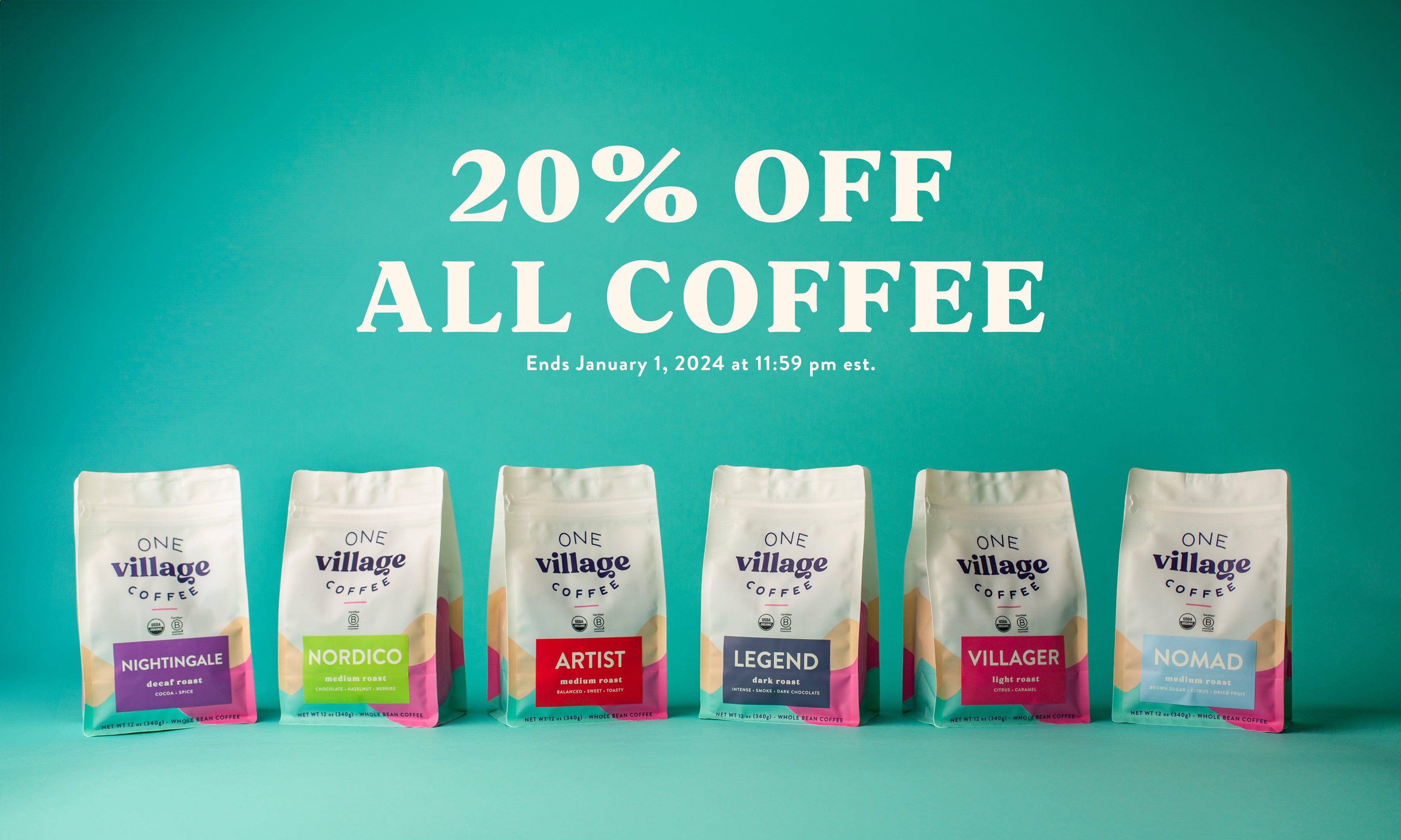 Image of coffee bags and text that says 20% off All Coffee through January 1, 2024.