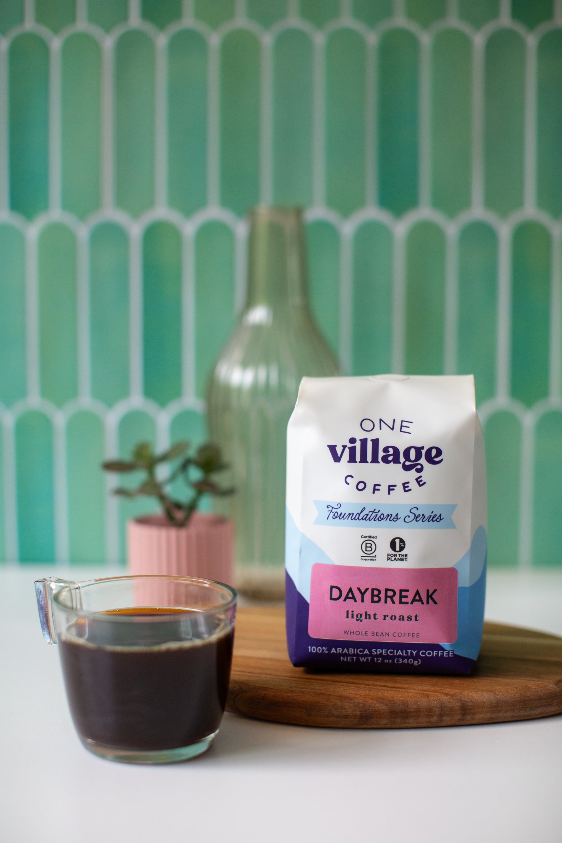 Image of Daybreak coffee bag and brewed coffee in kitchen.
