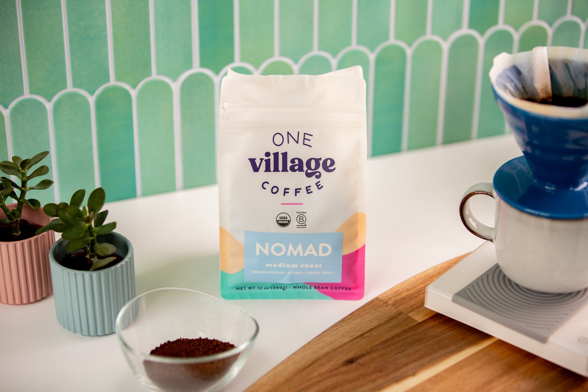 Image of Nomad coffee bag in kitchen setting.